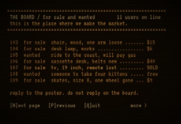 An amber monitor showing a classifieds board. The header reads THE BOARD, for sale and wanted, 11 users on line, and underneath: this is the place where we make the market. Seven numbered listings follow, among them a wooden chair for $15 and a television marked SOLD. At the foot: reply to the poster, do not reply on the board.