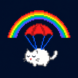 A sleepy pixel cat parachuting beneath a rainbow
